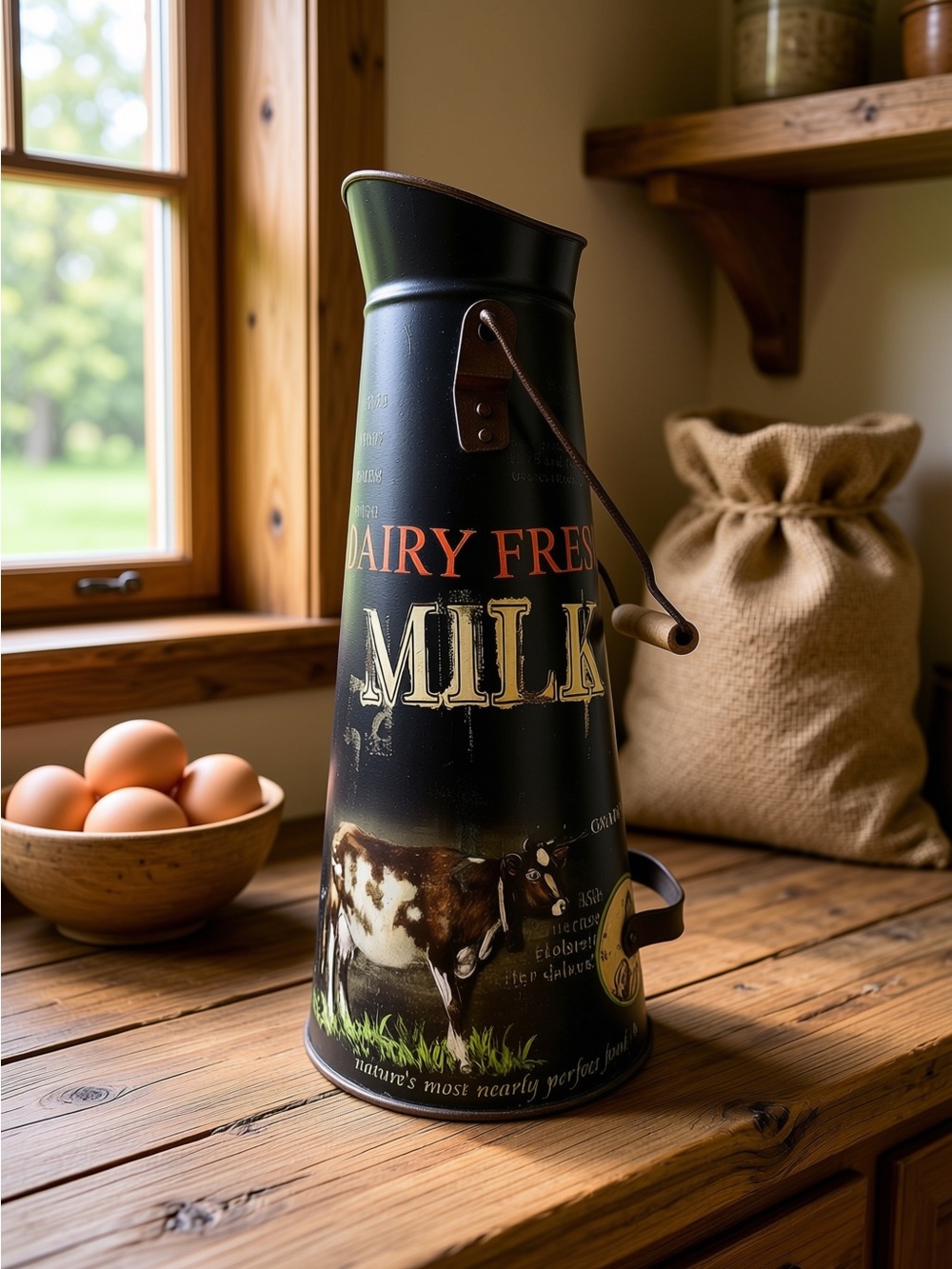 Vintage-style Rustic Decorative Metal Milk Can with Spout & Wooden Carry Handle*